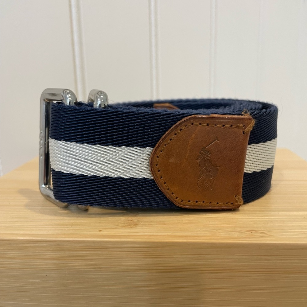 Polo Ralph Lauren grosgrain double ring navy and white belt 45” long